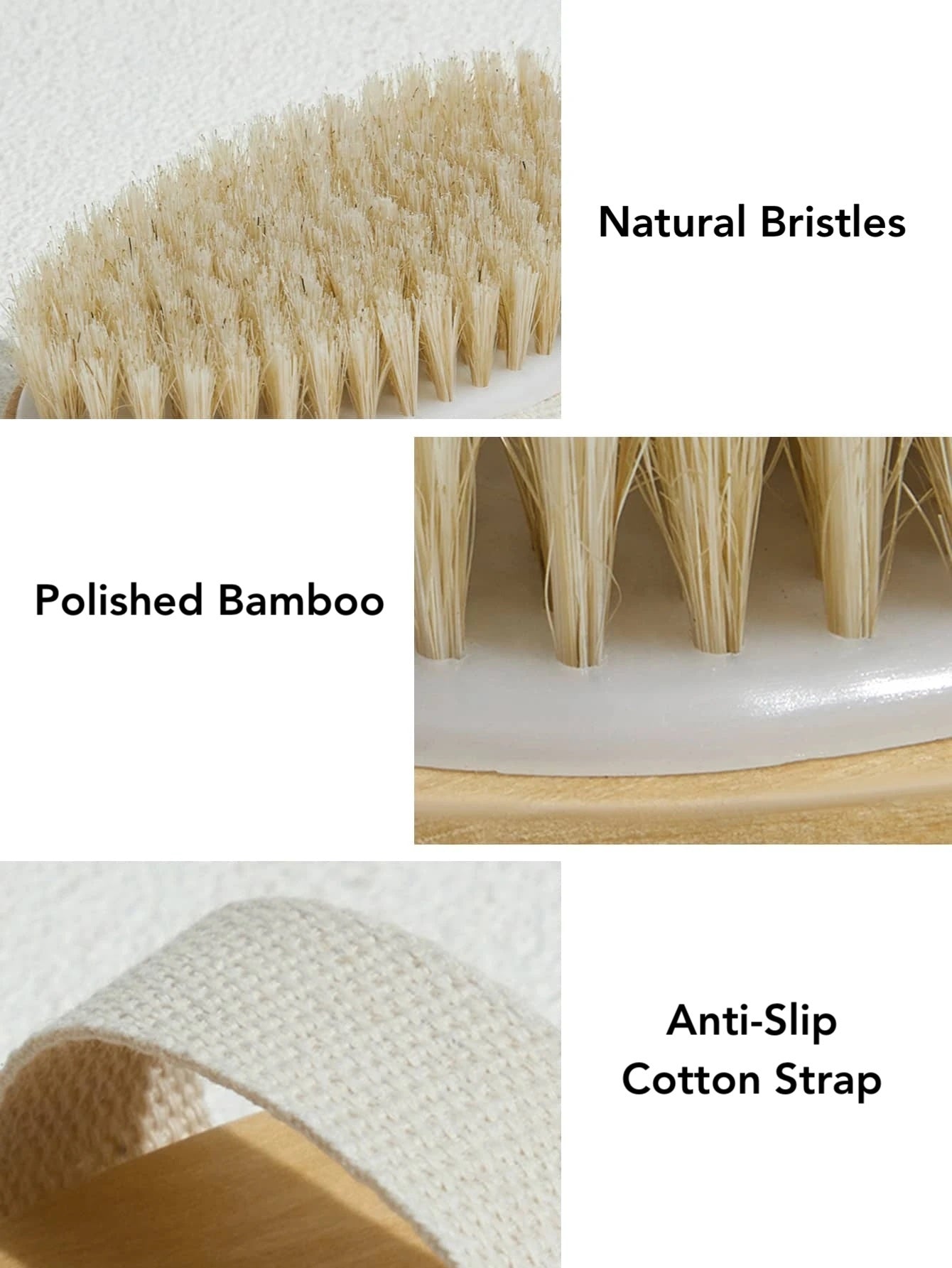 <img src="dry-brush.jpg" alt="Polished bamboo dry brush with natural bristles, cotton handle, and storage bag for skin exfoliation and detoxing">